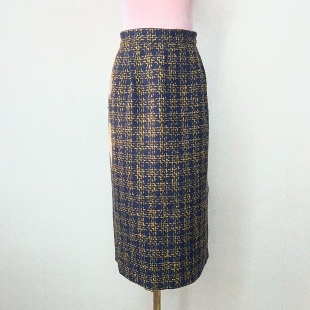 Russ Lined Navy Yellow Plaid Tweed Slit Cut Pencil Skirt Womens Size 16
